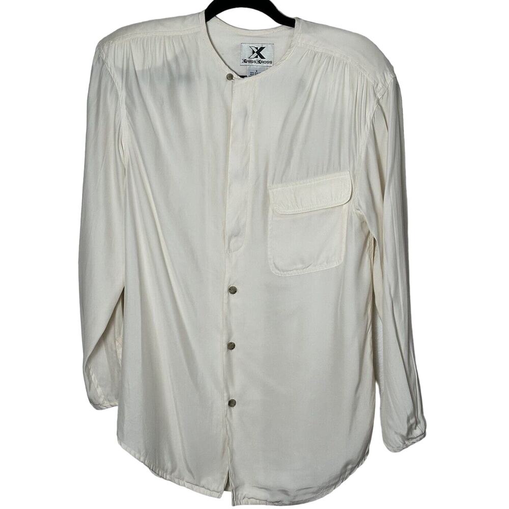 Vintage KRISS KROSS Women’s Ivory Silk Blouse Hidden Buttons Long Sleeve Small